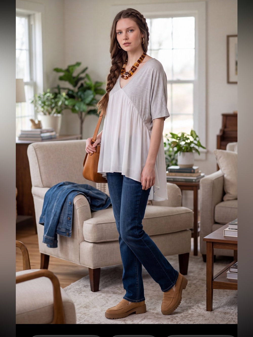 Sunday in Brooklyn Two-Tone V-Neck Tunic in Light Gray and White